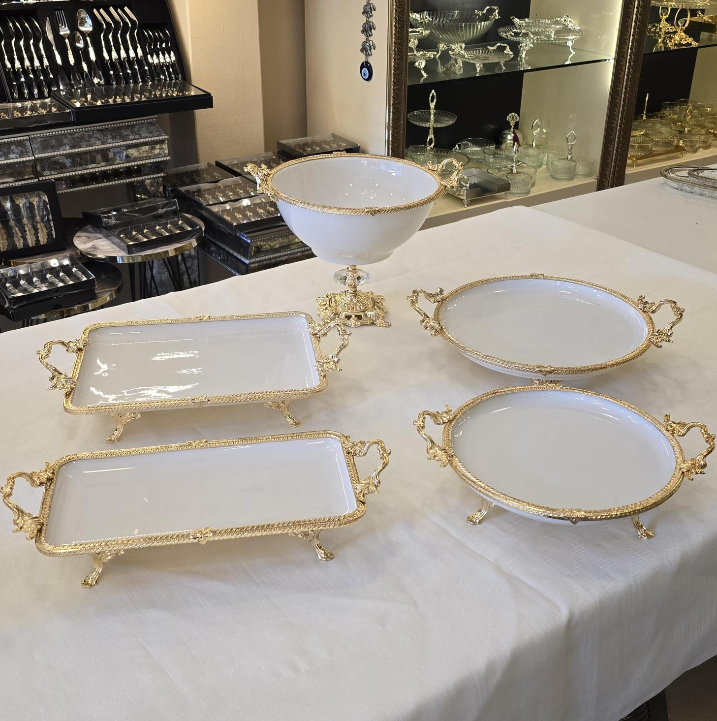 Metal Çerçeveli Ayaklı Kaseli 5 Parça Porselen Sunum Seti Gold