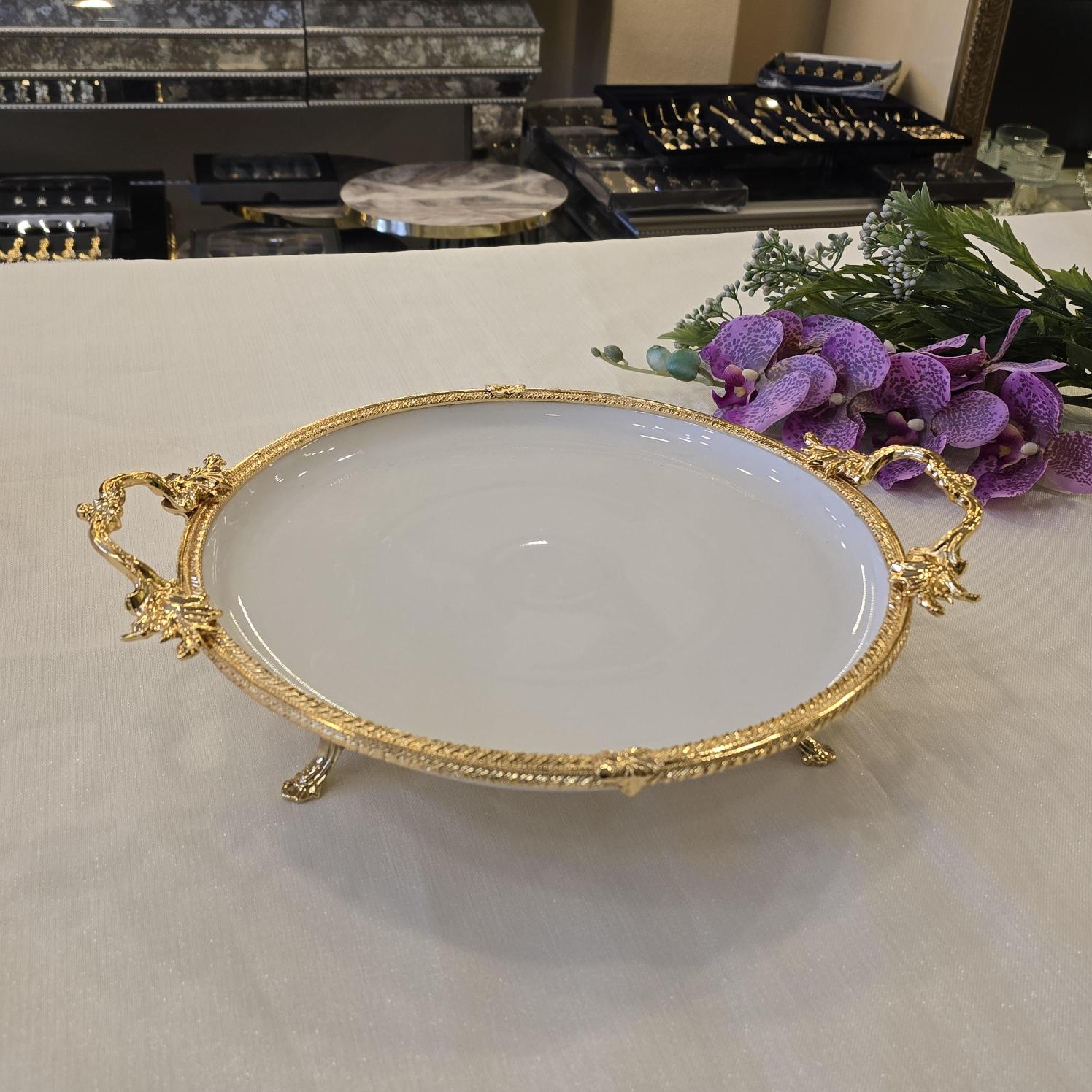 Metal Çerçeveli Yuvarlak Porselen Servis Tabağı 30 cm Gold