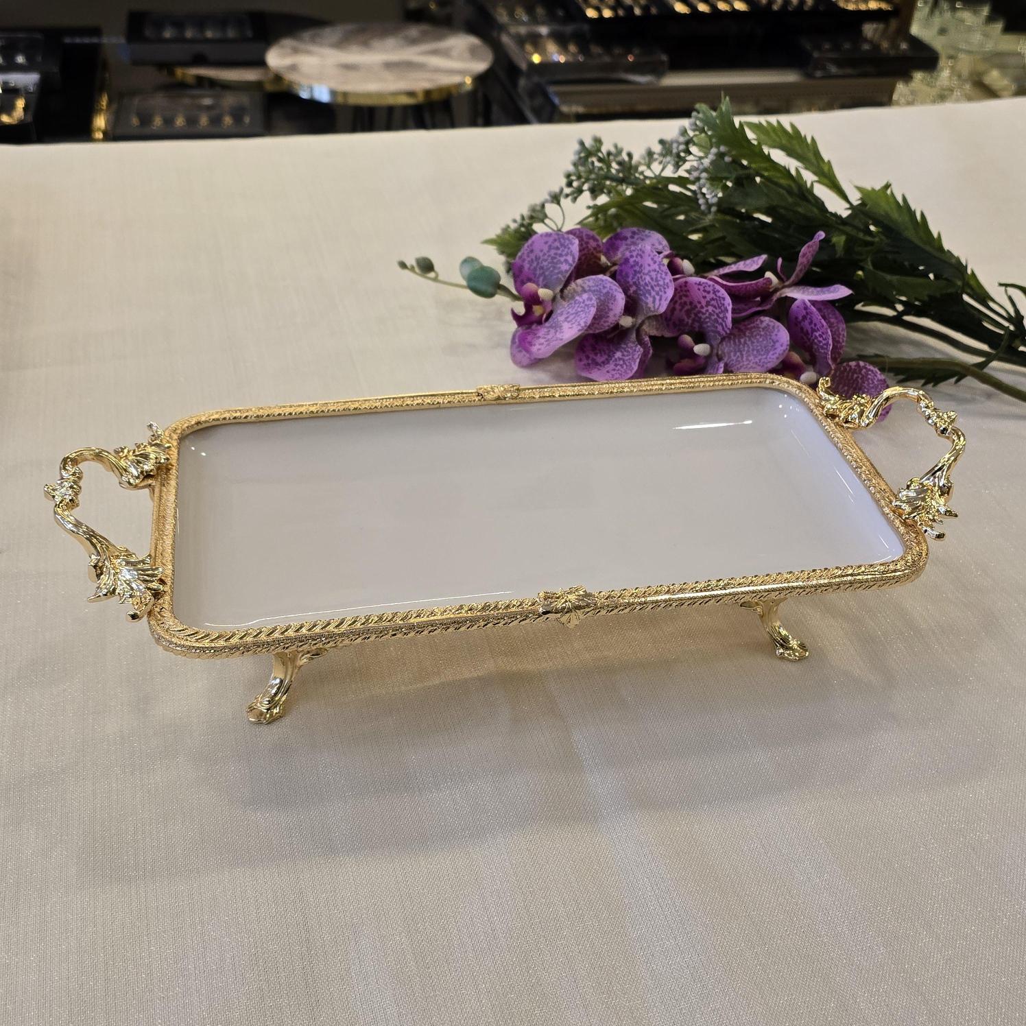 Metal Çerçeveli Dikdörtgen Porselen Servis Tabağı 30X15 cm Gold