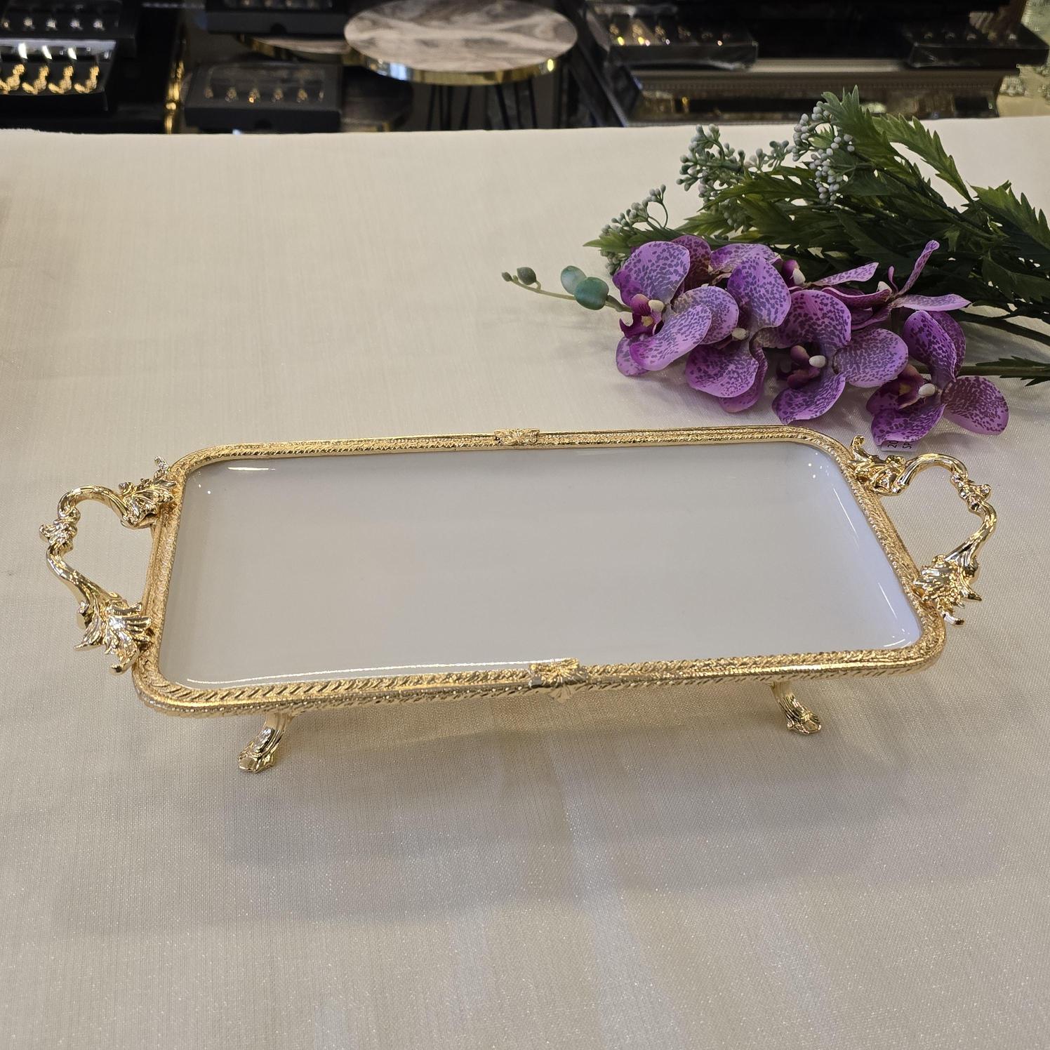 Metal Çerçeveli Dikdörtgen Porselen Servis Tabağı 30X15 cm Gold