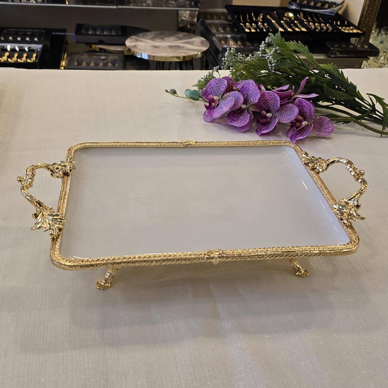 Metal Çerçeveli Dikdörtgen Porselen Servis Tabağı 30X22 cm Gold