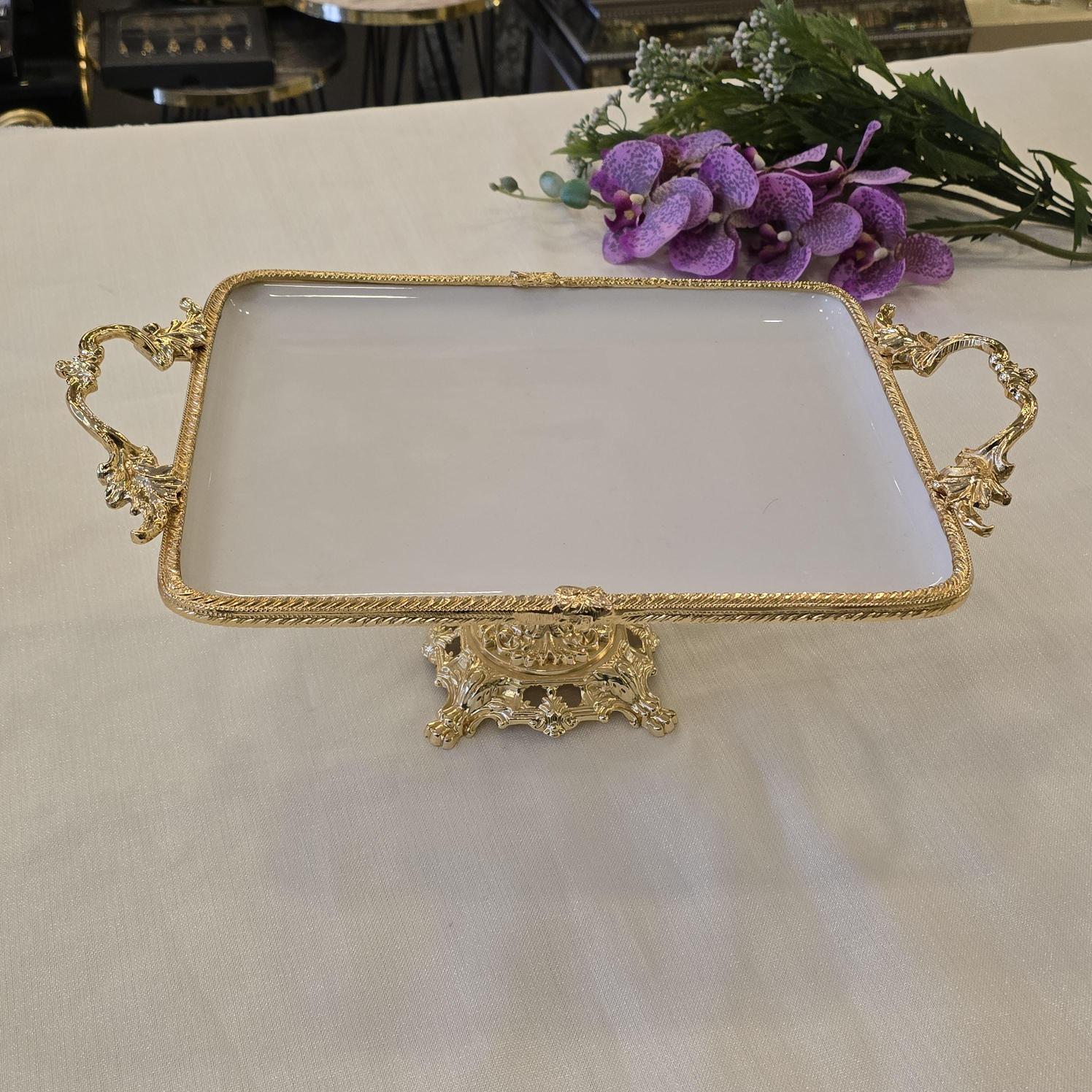 Metal Çerçeveli Döküm Ayaklı Dikdörtgen Porselen Servis Tabağı 30X22 cm Gold
