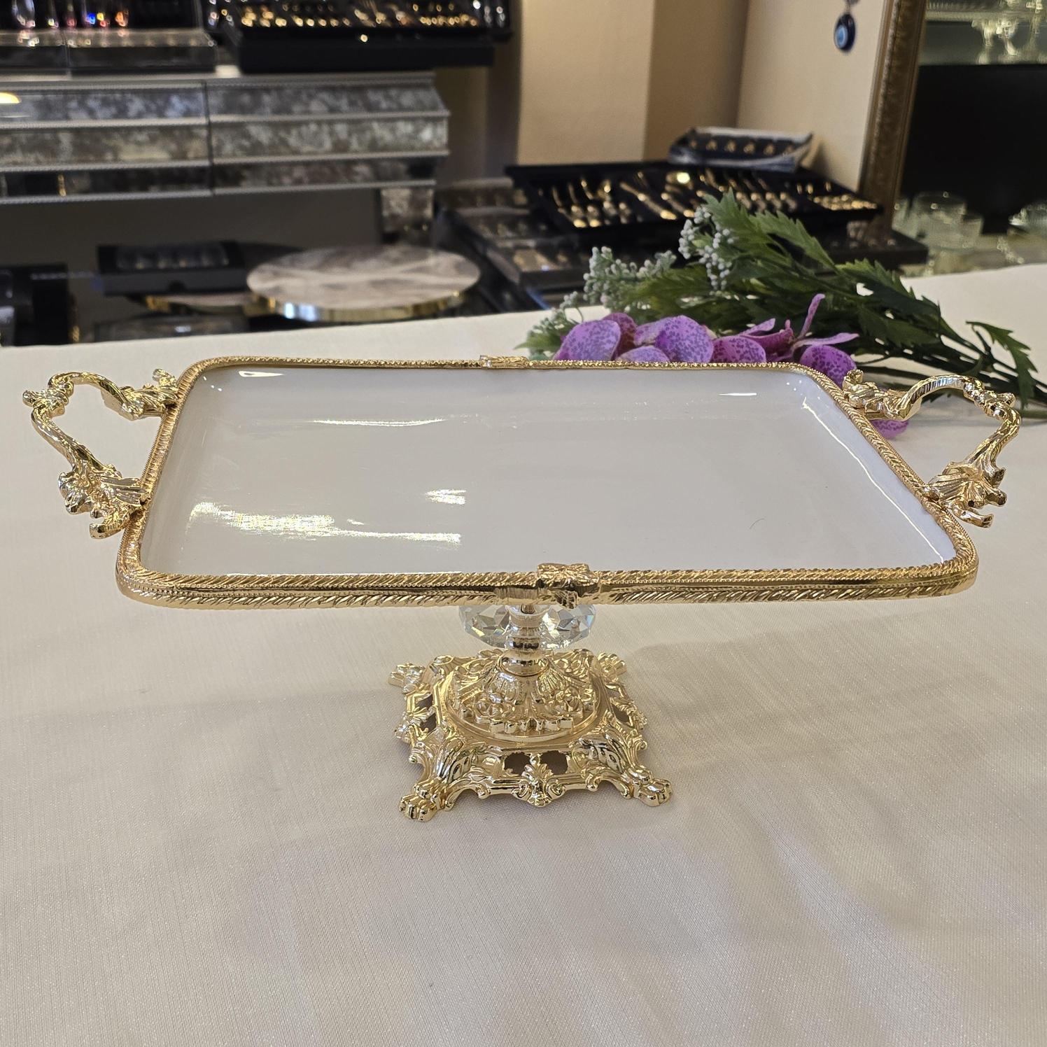 Metal Çerçeveli Döküm Ayaklı Dikdörtgen Porselen Servis Tabağı 30X22 cm Gold