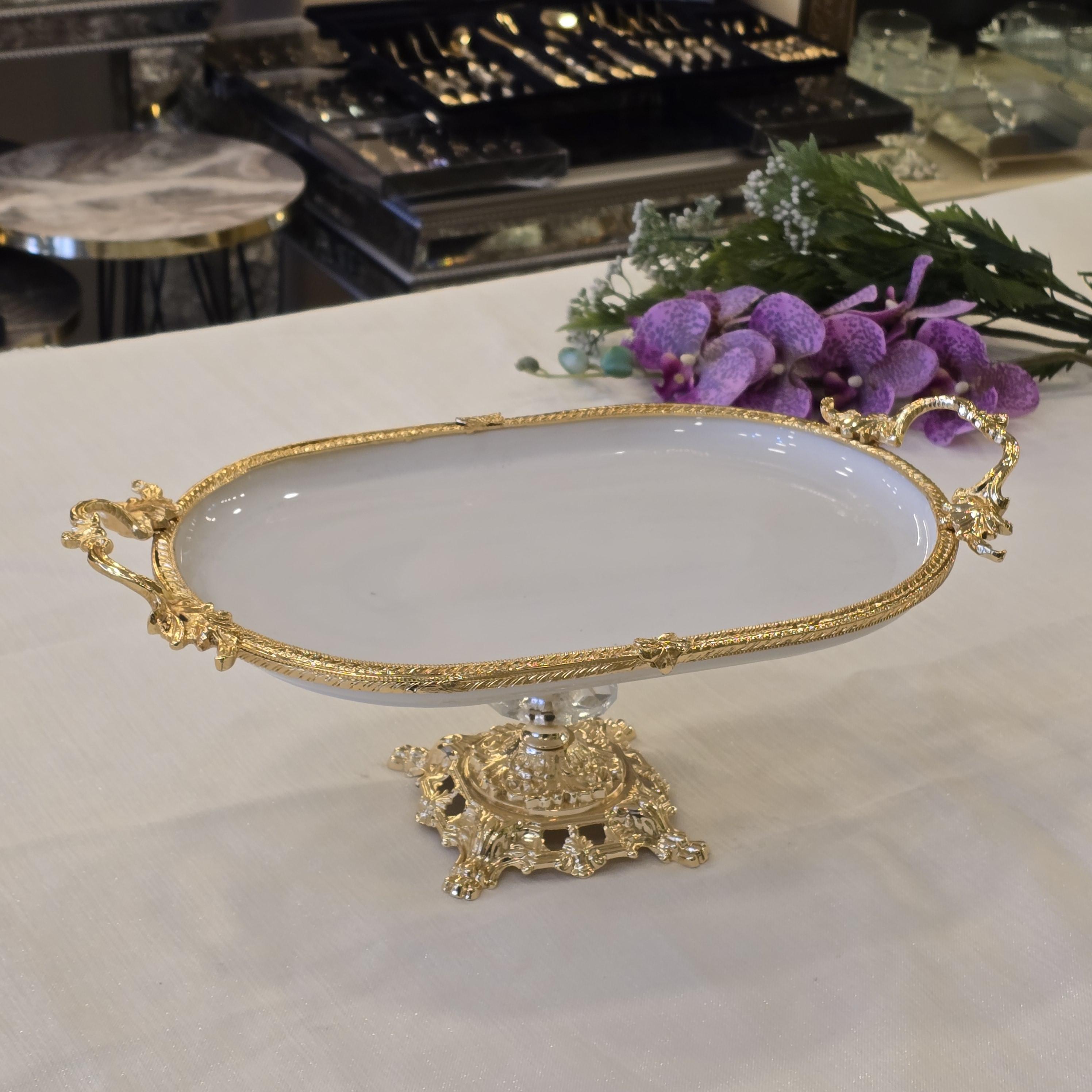 Metal Çerçeveli Döküm Ayaklı Oval Porselen Servis Tabağı 25x15 cm Gold