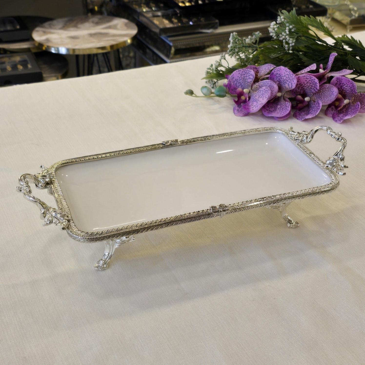 Metal Çerçeveli Dikdörtgen Porselen Servis Tabağı 30X15 cm Gümüş