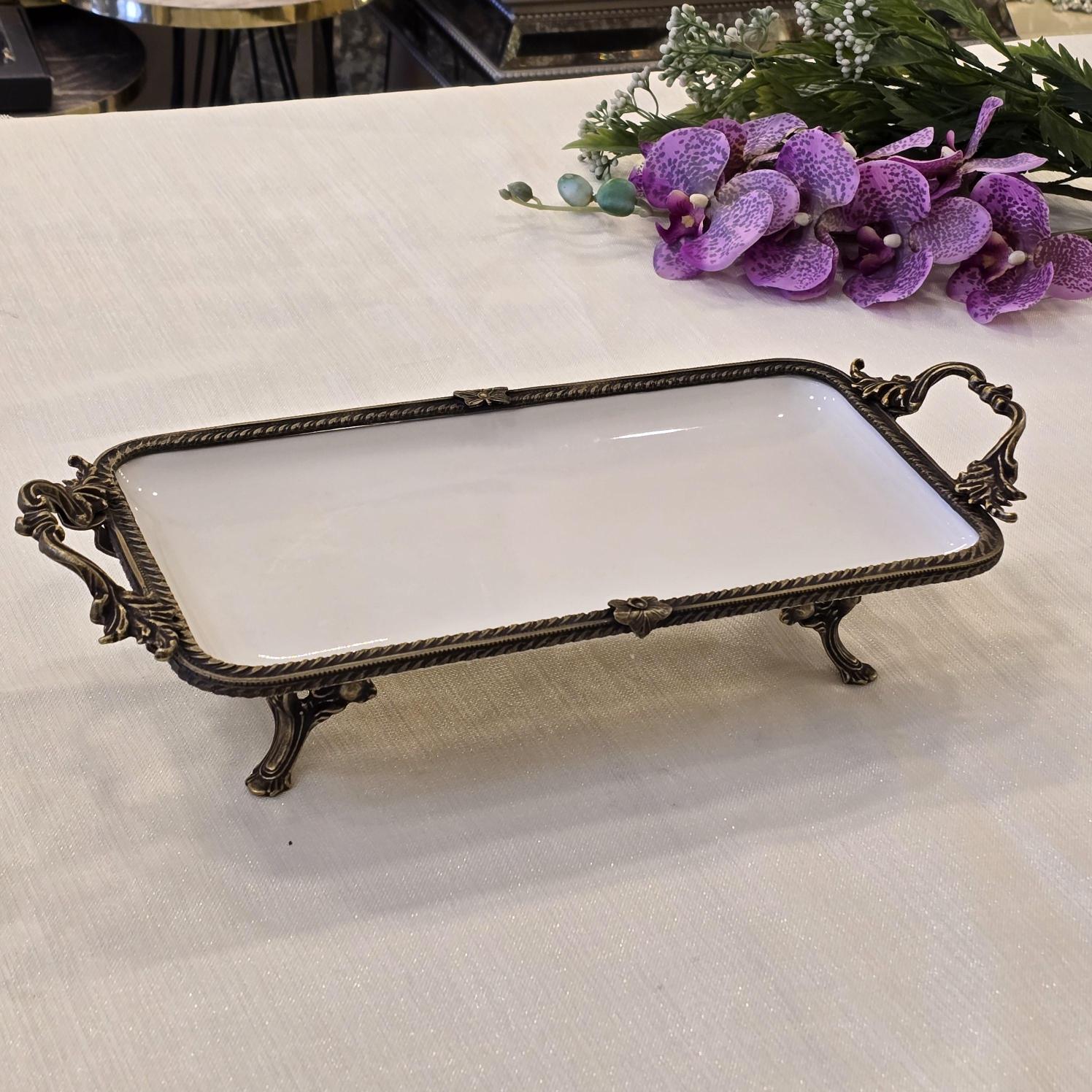 Metal Çerçeveli Dikdörtgen Porselen Servis Tabağı 30X15 cm Antik