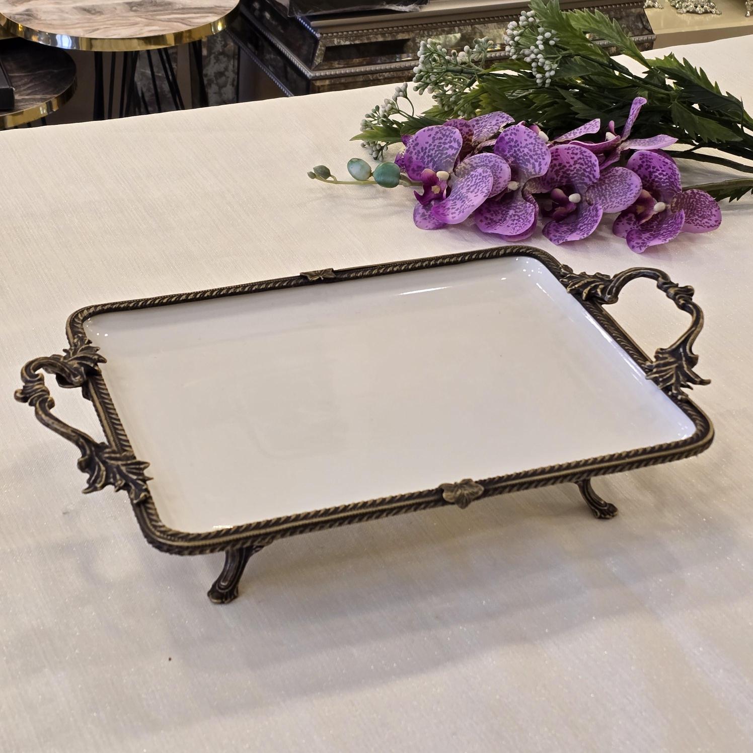 Metal Çerçeveli Dikdörtgen Porselen Servis Tabağı 30X22 cm Antik