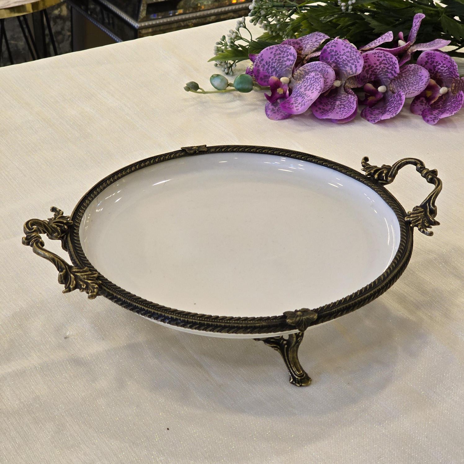 Metal Çerçeveli Yuvarlak Porselen Servis Tabağı 30 cm Antik