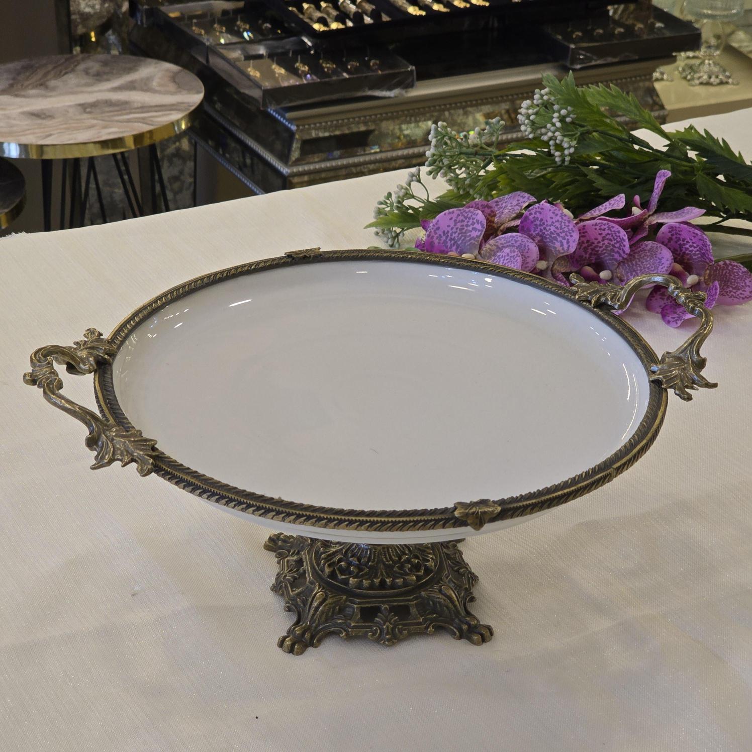 Metal Çerçeveli Döküm Ayaklı Yuvarlak Porselen Servis Tabağı 25 cm Antik