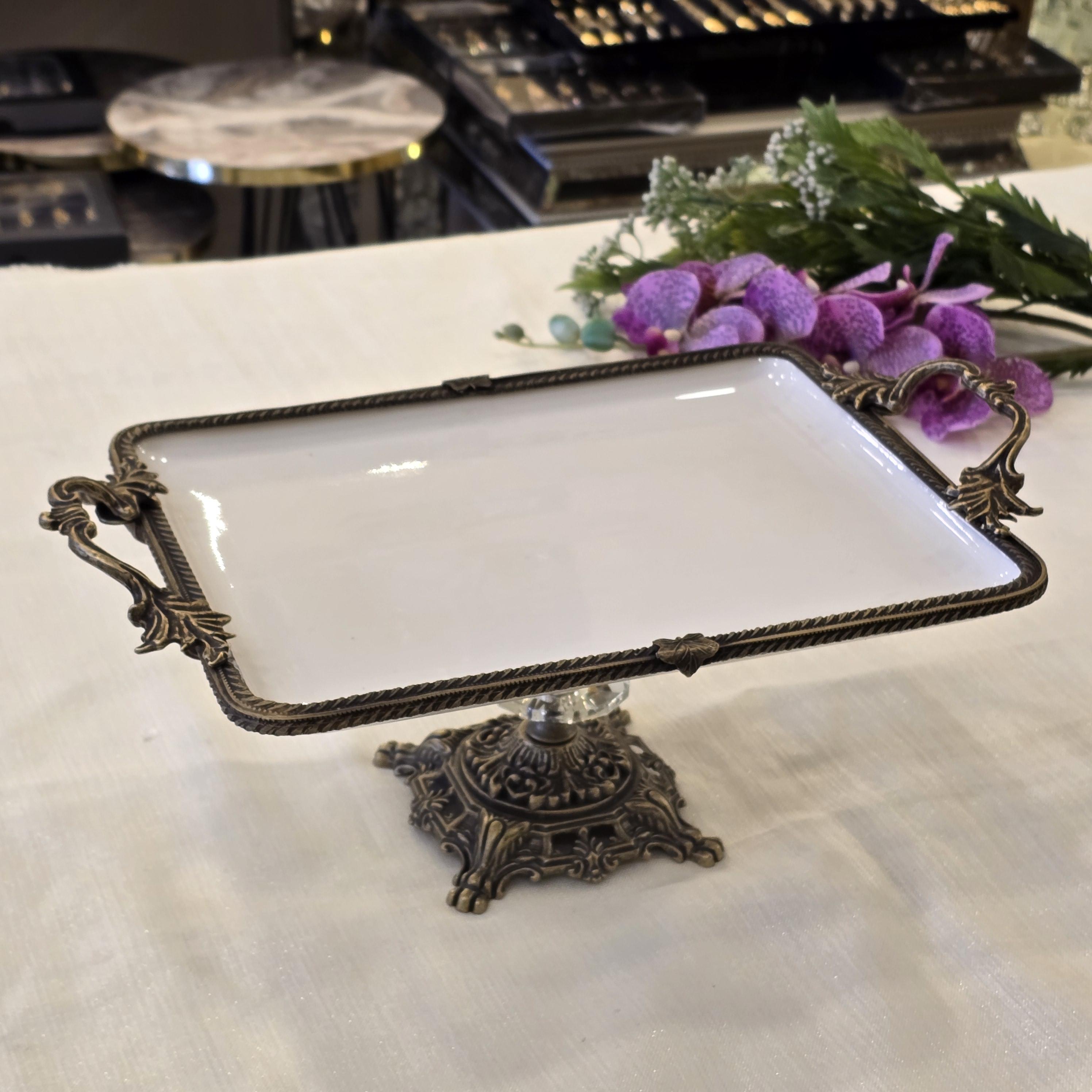 Metal Çerçeveli Döküm Ayaklı Dikdörtgen Porselen Servis Tabağı 30X22 cm Antik