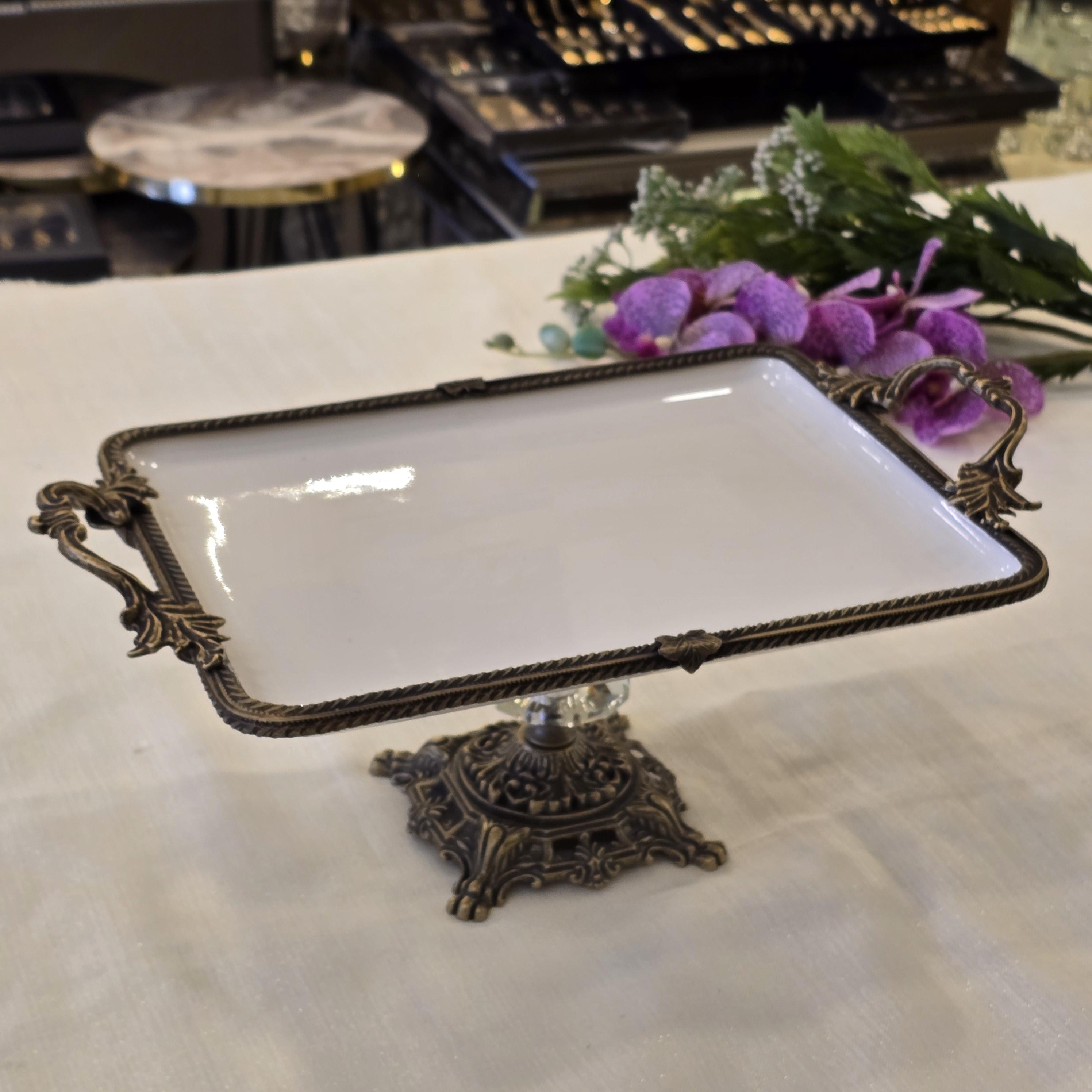 Metal Çerçeveli Döküm Ayaklı Dikdörtgen Porselen Servis Tabağı 30X22 cm Antik