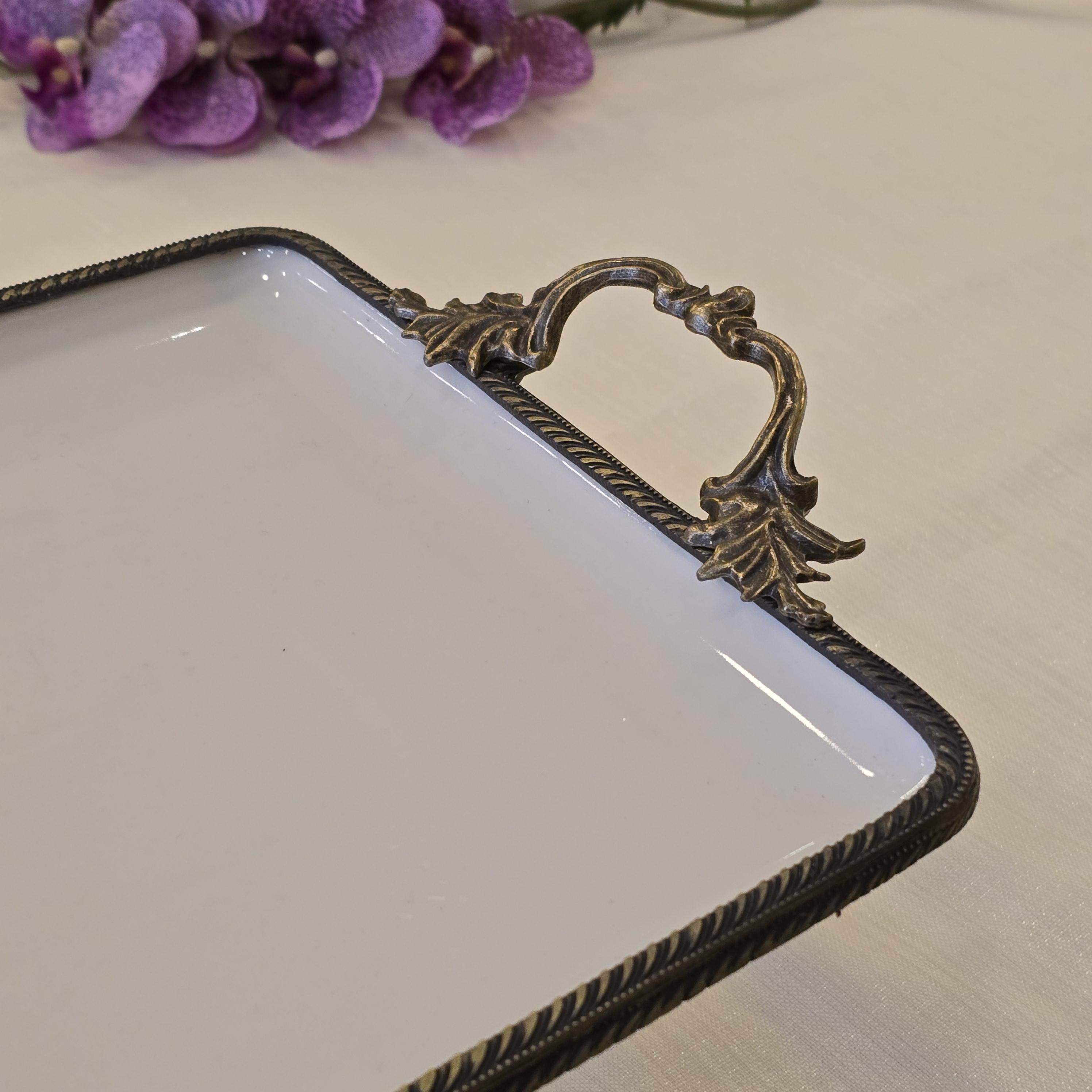 Metal Çerçeveli Döküm Ayaklı Dikdörtgen Porselen Servis Tabağı 35x26 cm Antik