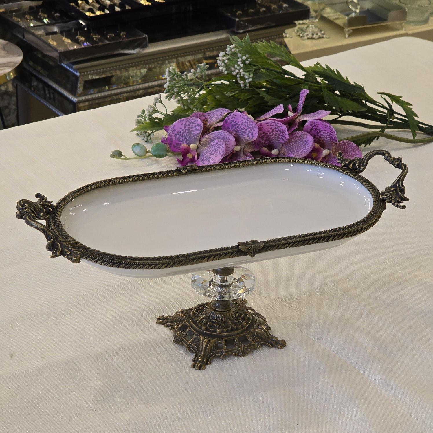 Metal Çerçeveli Döküm Ayaklı Oval Porselen Servis Tabağı 30x16 cm Antik