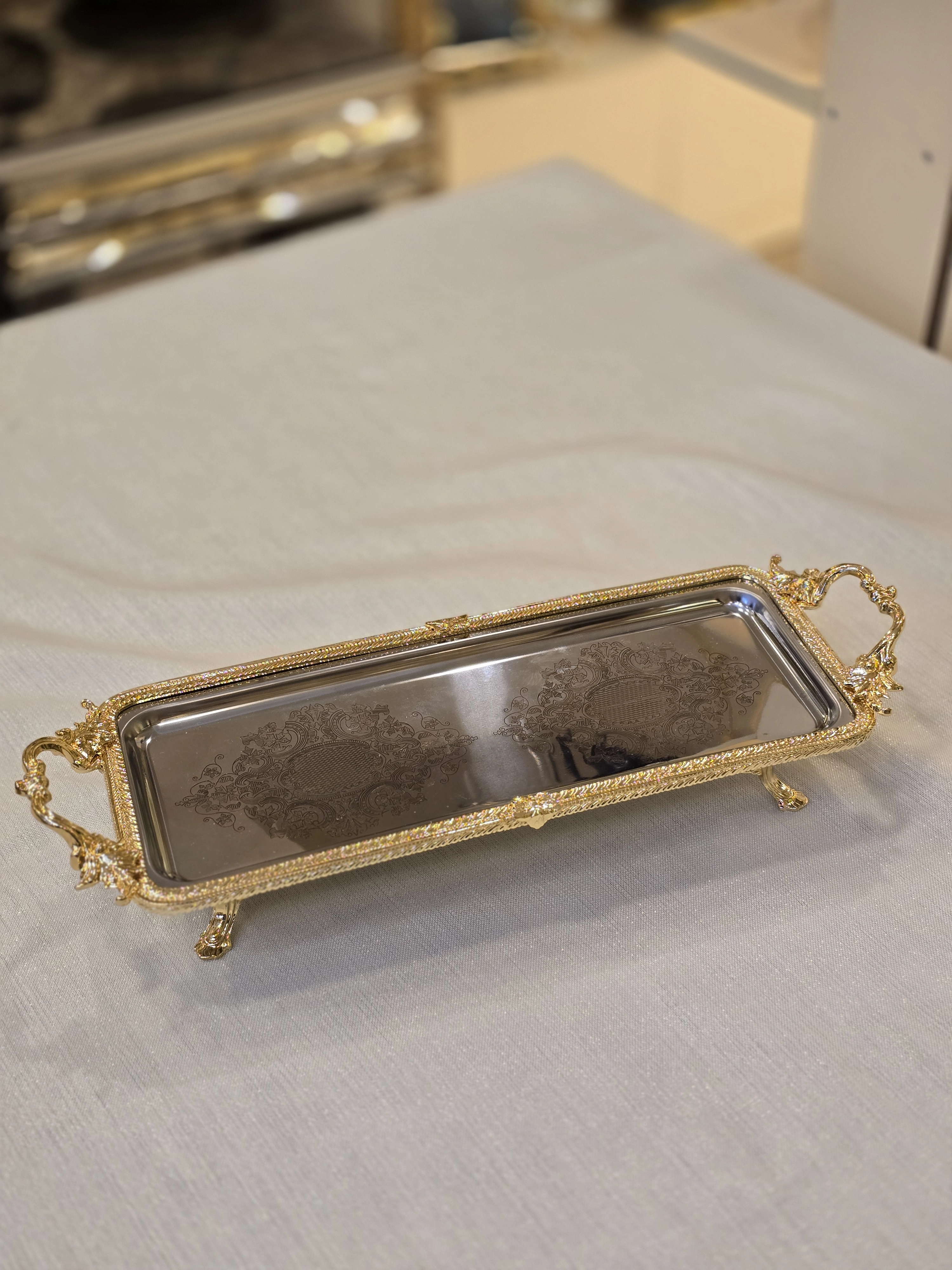 Altın Çerçeveli Dikdörtgen Servis Tabağı 30x15 cm