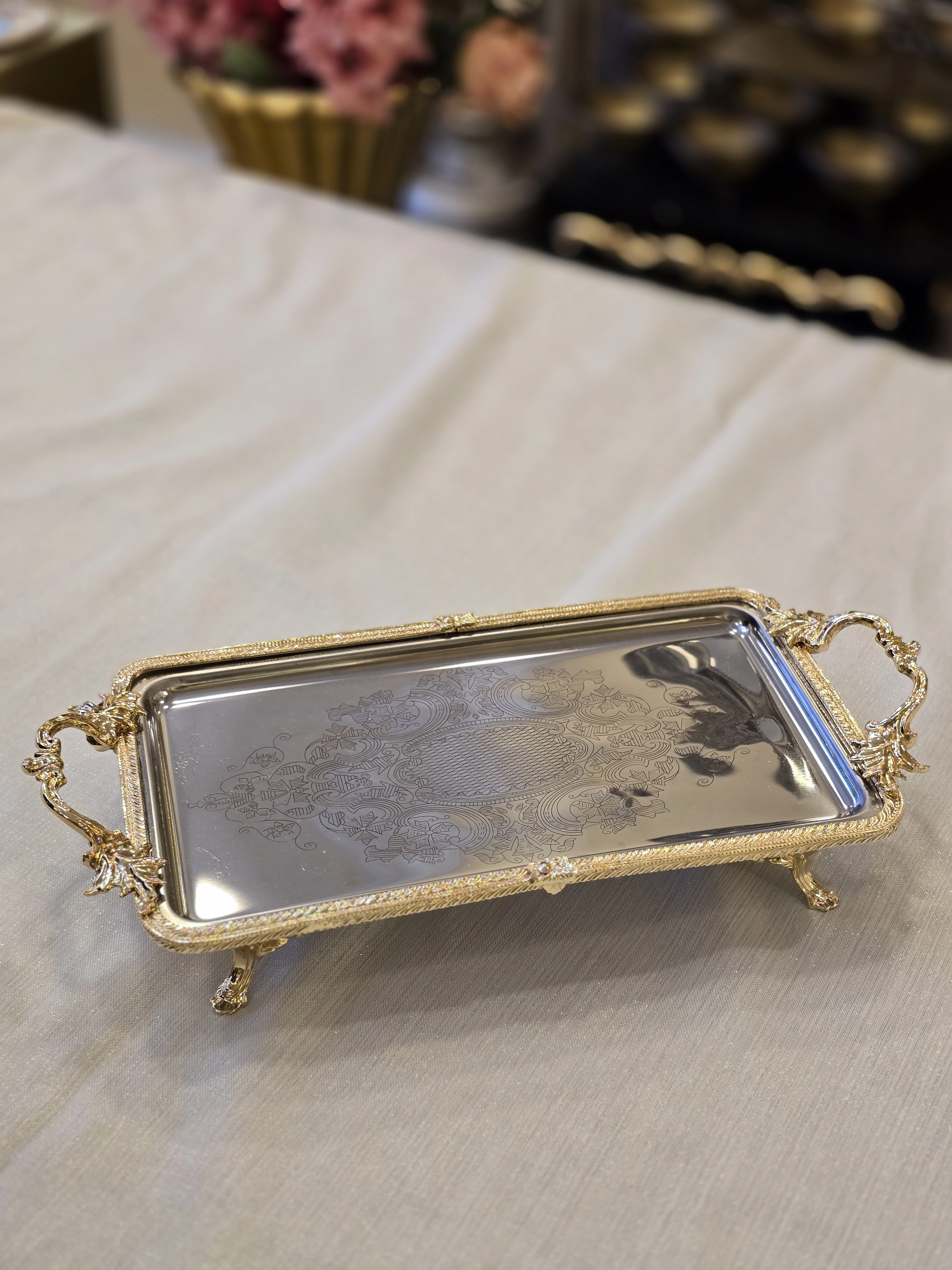 Altın Çerçeveli Dikdörtgen Sunum ve Servis Tabağı 35x19 cm 