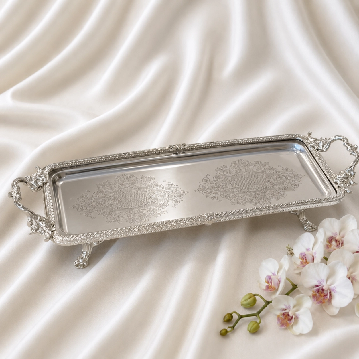 Metal Çerçeveli Paslanmaz Çelik Dikdörtgen Servis Tabağı Gümüş 30x15 cm