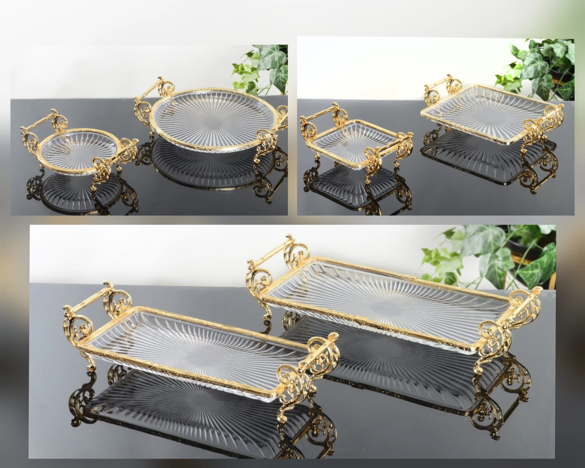 6 Parça Gold Renk Metal Çerçeveli Cam Servis Tabağı Seti