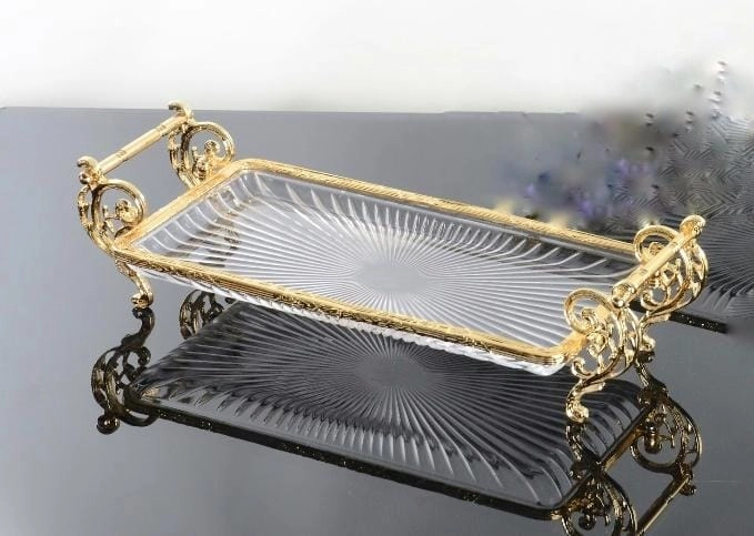 Gold Metal Çerçeveli Dikdörtgen Servis Tabağı