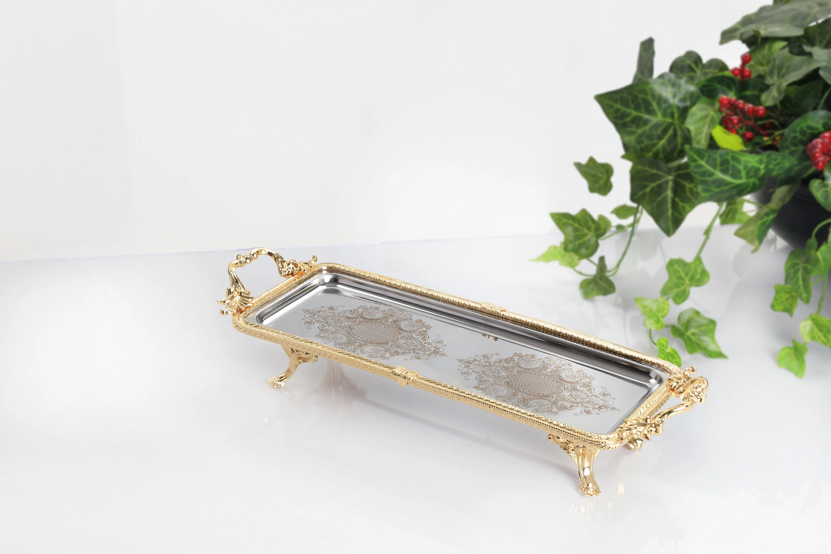 Altın Çerçeveli Dikdörtgen Servis Tabağı 30x15 cm