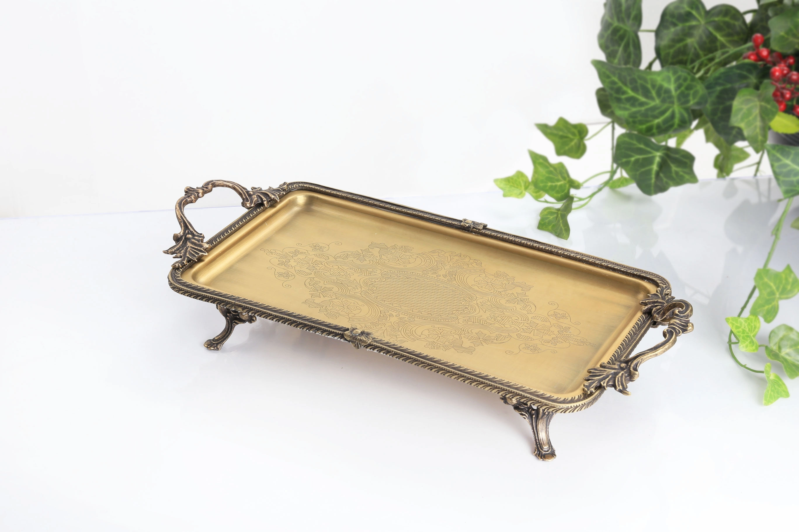 Metal Çerçeveli Dikdörtgen Sunum ve Servis Tabağı Eskitme 35x19 cm