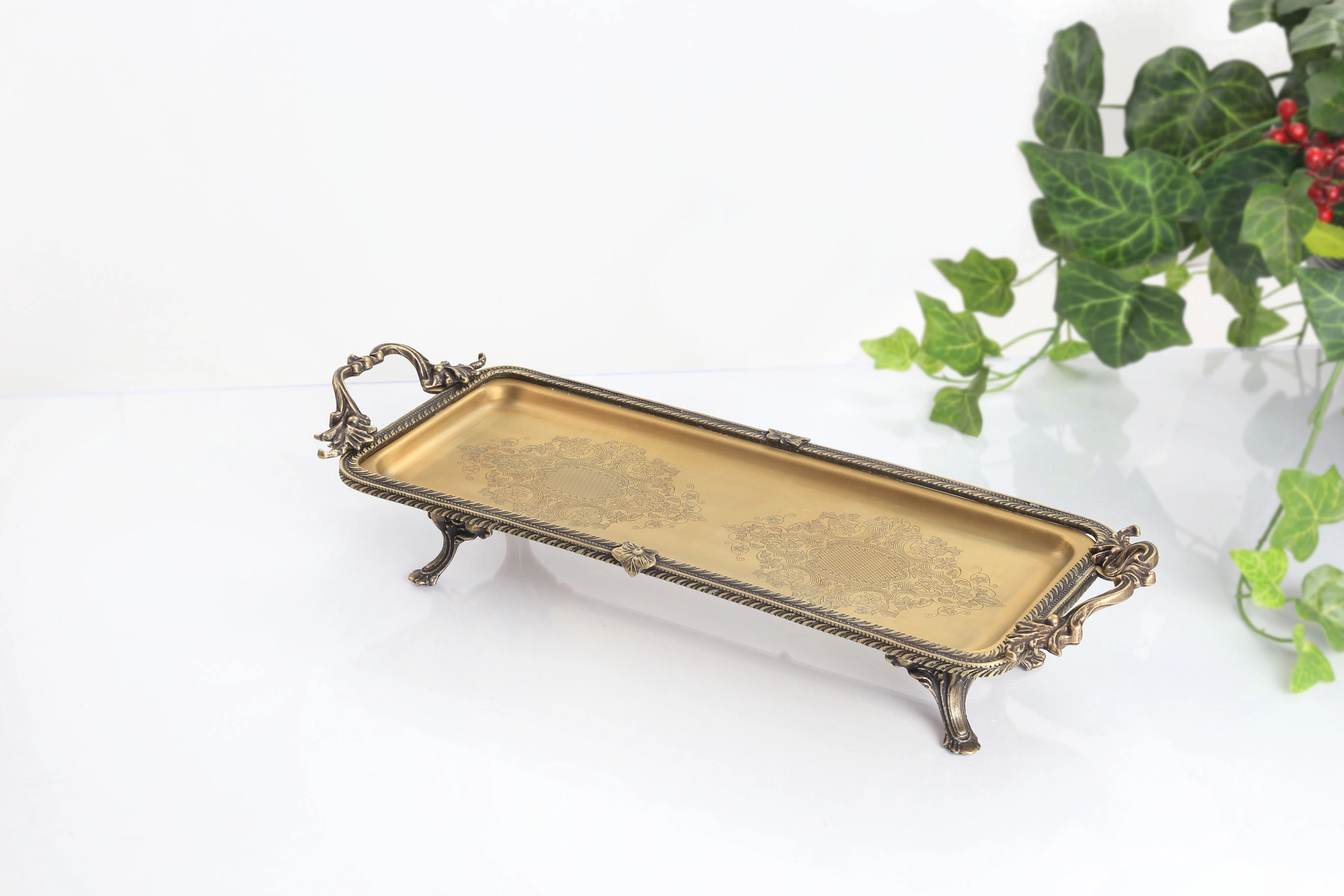 Metal Çerçeveli Dikdörtgen Sunum ve Servis Tabağı Eskitme 34x14 cm