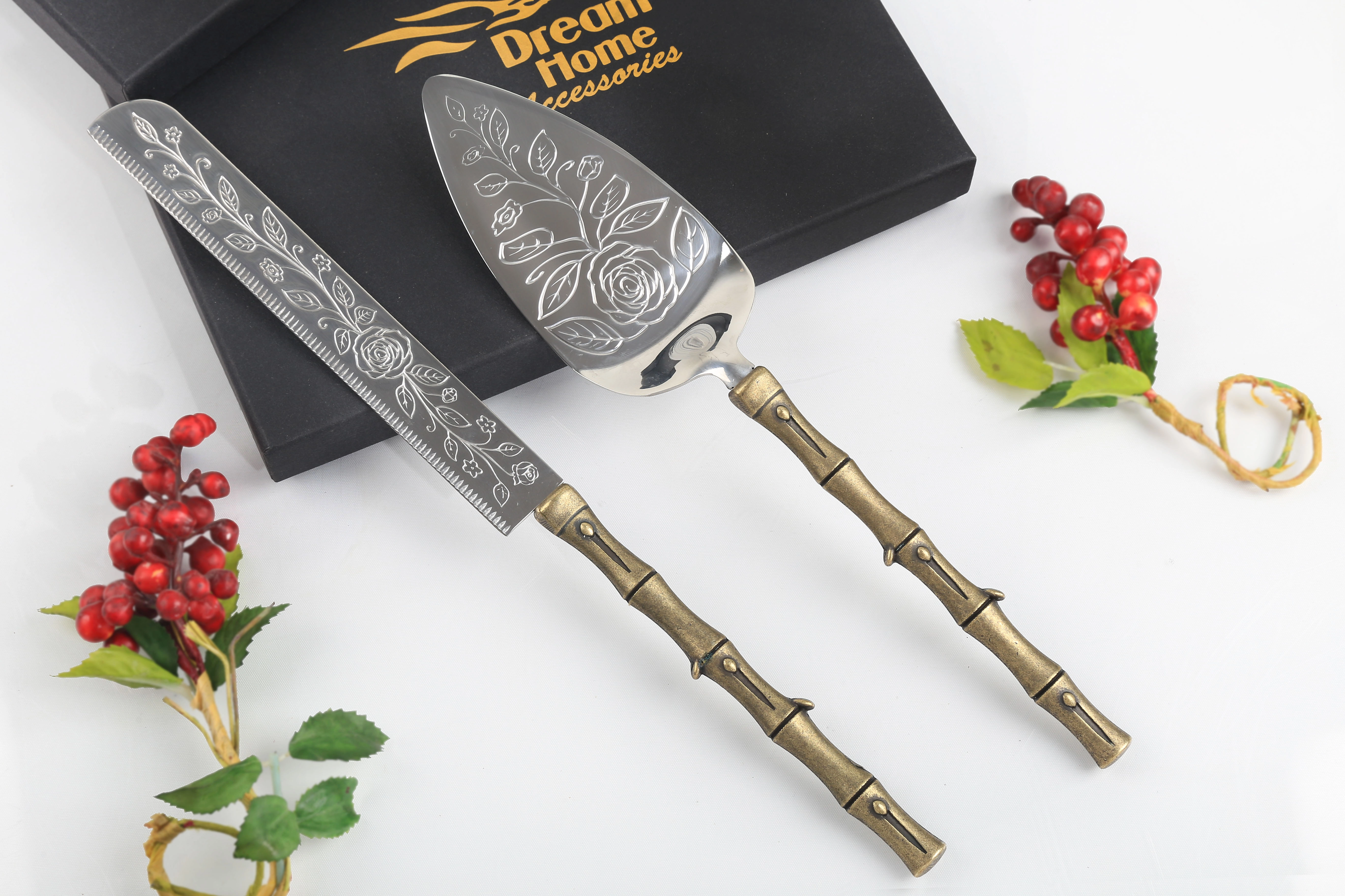 Bambu Saplı Gül Detaylı Pasta Servis Seti Eskitme
