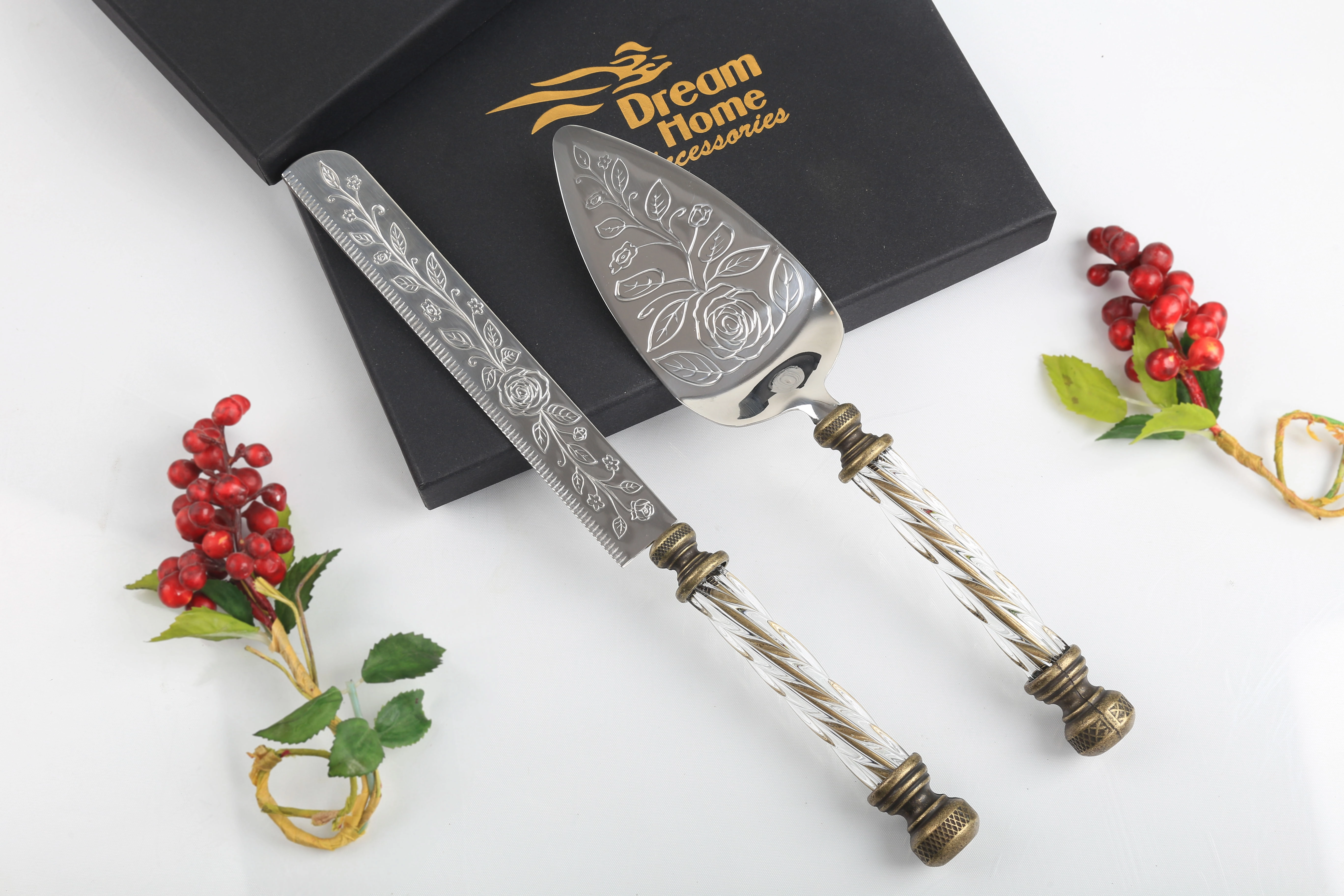 Kristal Saplı Gül Detaylı Pasta Servis Seti Eskitme