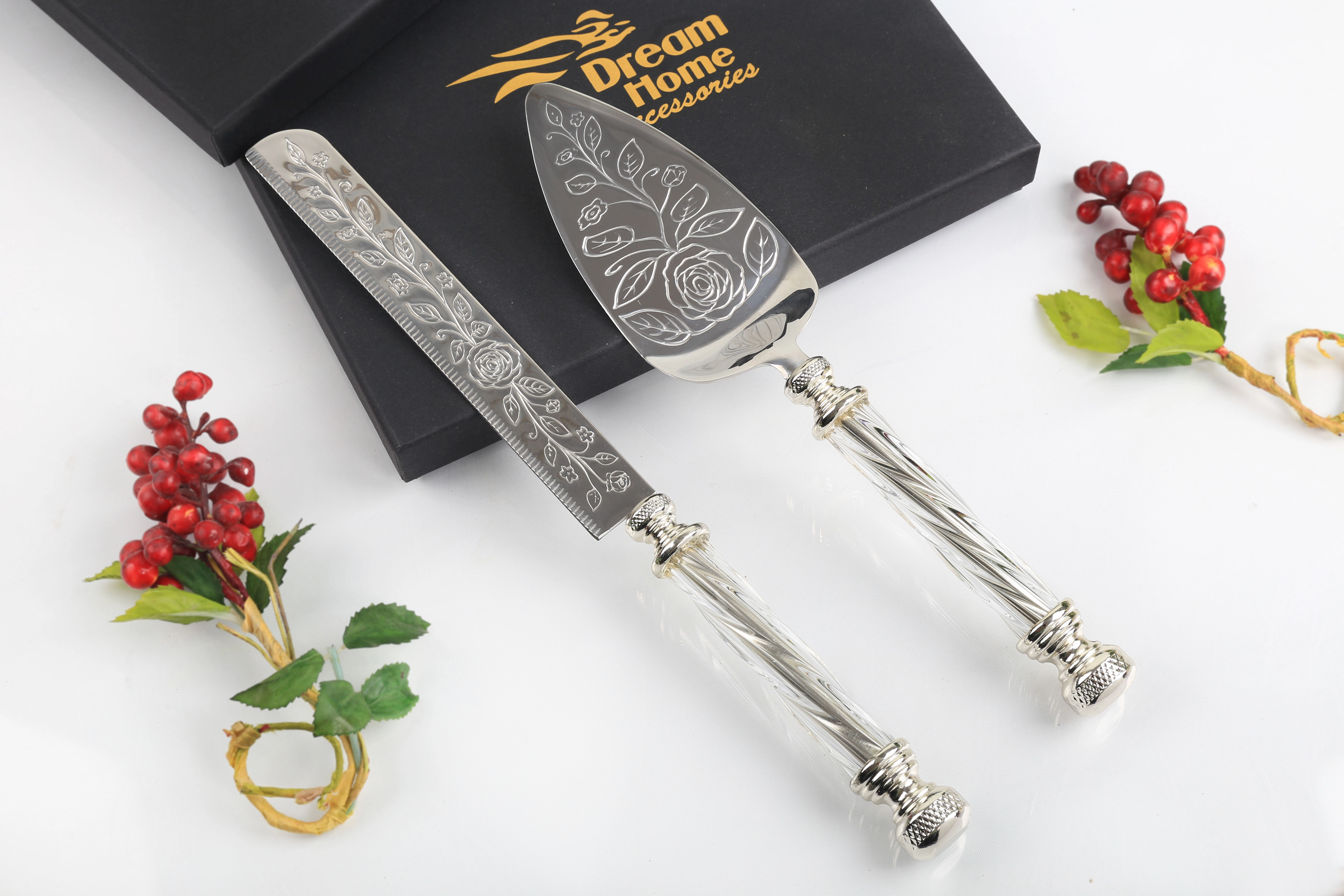 Kristal Saplı Gül Detaylı Pasta Servis Seti Gümüş