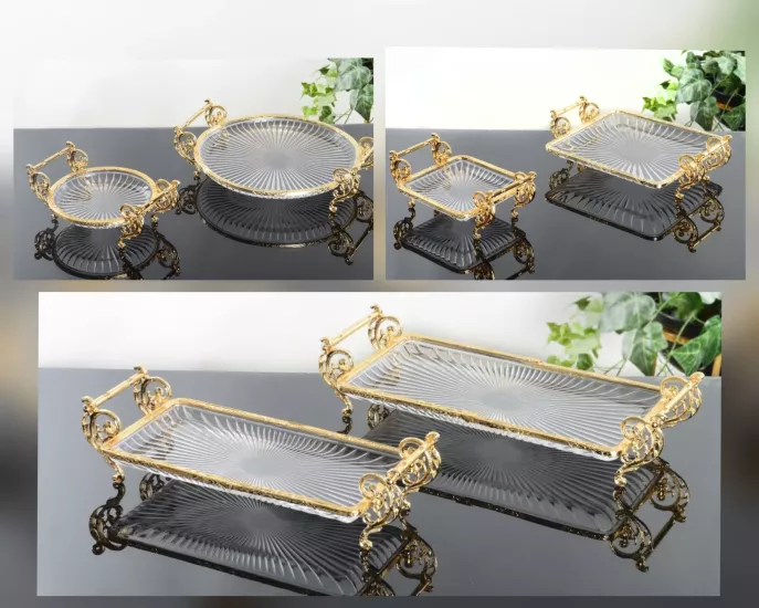 Gold Renkli Cam Servis Tabağı Seti