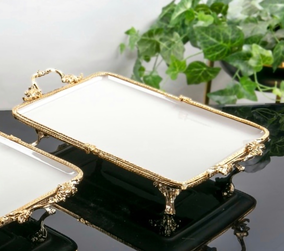 Metal Çerçeveli Dikdörtgen Porselen Servis Tabağı 35x26 cm Gold